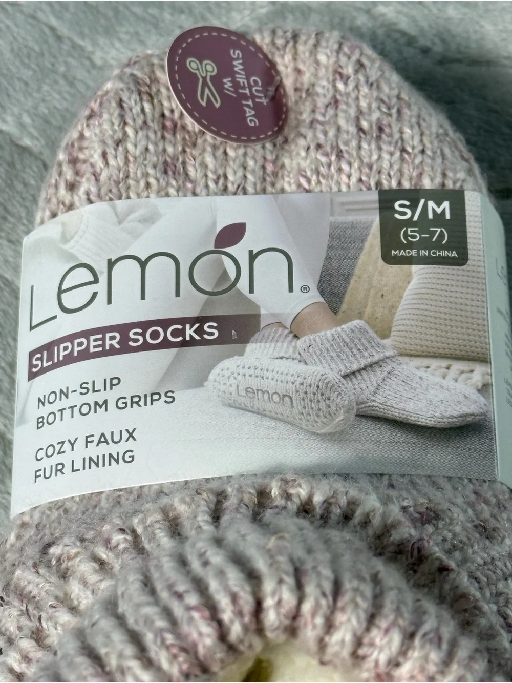 Lemon Slipper Socks NWT Pink Heather Faux Fur Lined Non Slip S/M 5-7